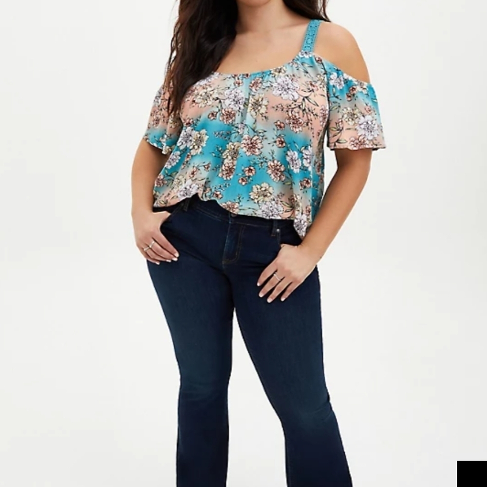 🆕TEAL FLORAL CRINKLE GAUZE COLD SHOULDER BLOUSE